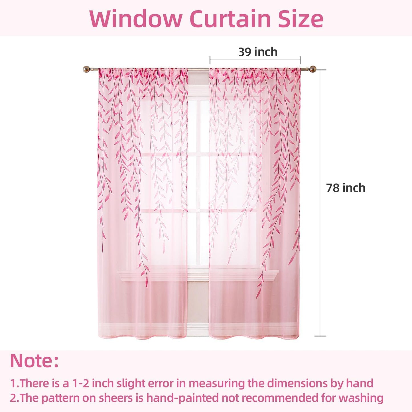 BROSHAN Pink Sheer Curtains Set, 2 Panels 78 inches Long, Pretty Printed Drapes for Girls Bedroom & Nursery