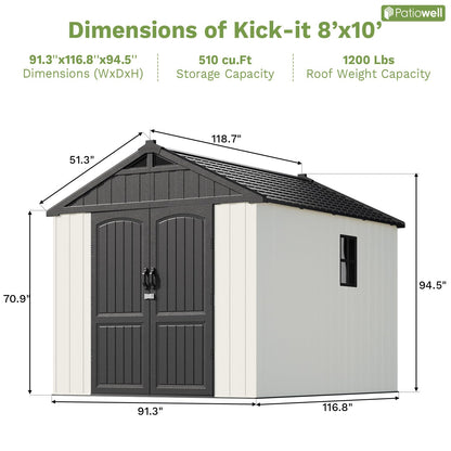 Patiowell 8x10 FT Plastic Shed Outdoor Storage Shed with Floor, Resin Garden Tool Shed Lockable Door & Two Windows for Patio, Backyard, Bike & Organizer, Beige