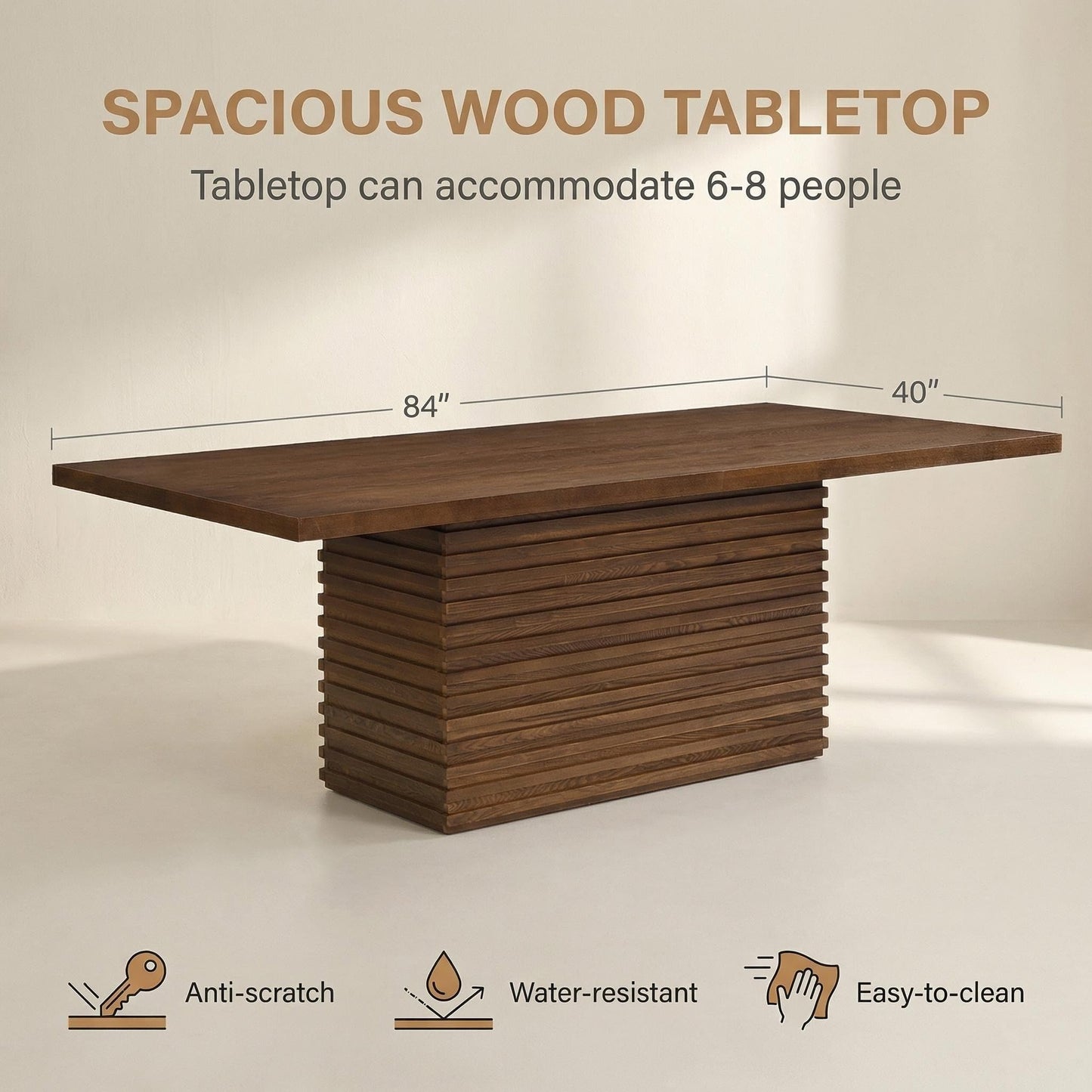84" Mid Century Modern Dining Table for 6-8 Farmhouse Wood Kitchen Dining Room Table with Fluted Pedestal Base Large Rectangle Dinner Tables for Kitchen Dining Living Room, Walnut
