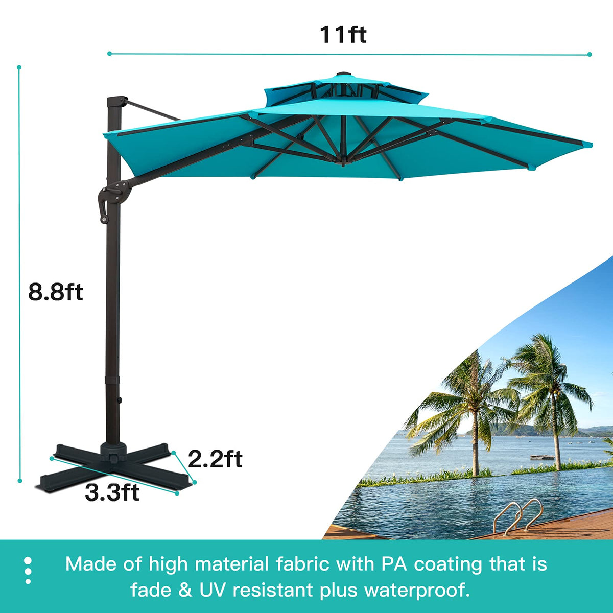 Sunnyglade 11FT Double Top Cantilever Patio Umbrella Deluxe Offset Umbrella 360° Rotation & Integrated Tilting System Heavy Duty Outdoor Umbrella for Market Garden Deck Pool Backyard Patio(Blue)