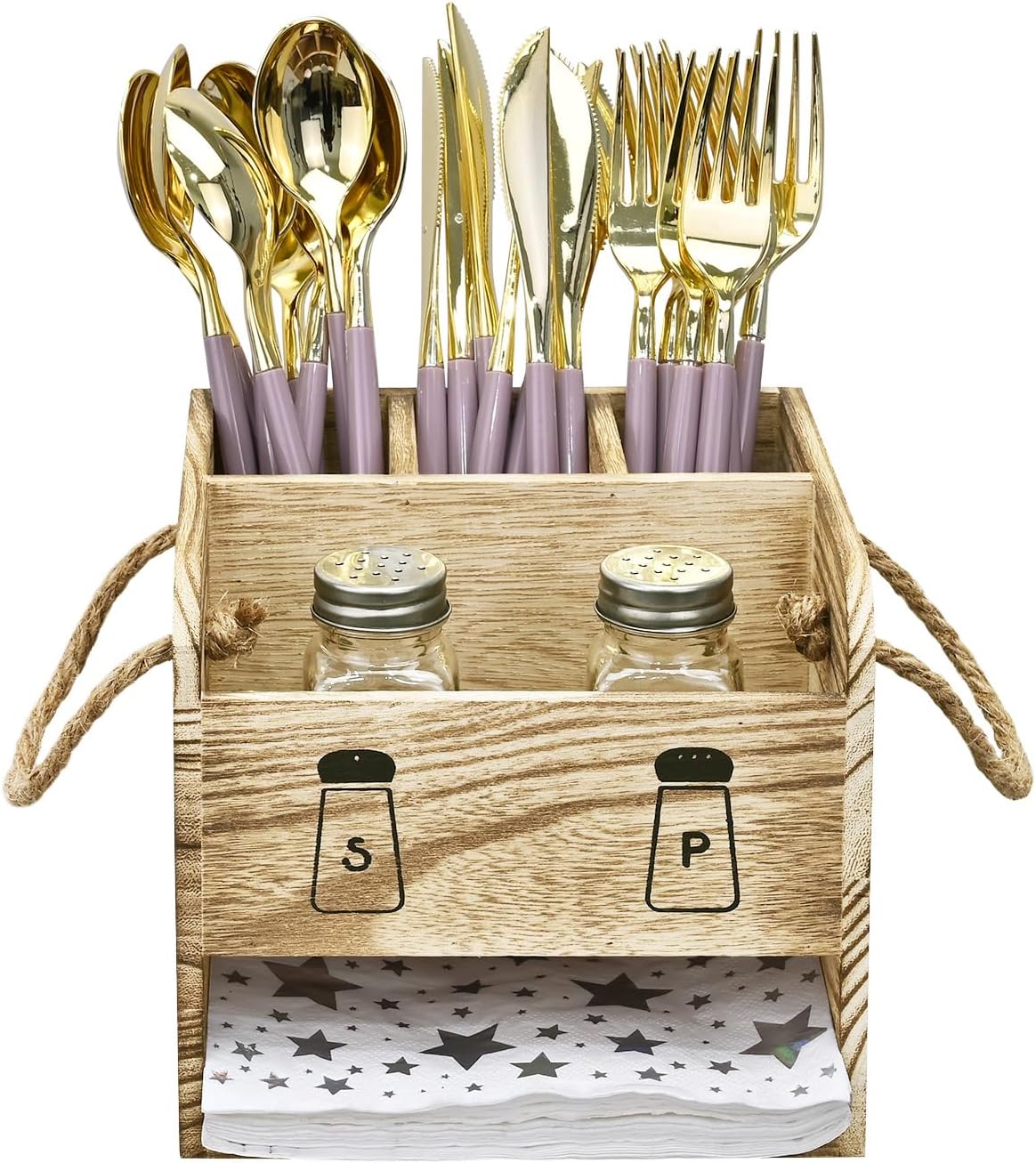 Ikee Design 2 Piece Wooden Utensil Caddy Set - Includes Free Salt Pepper Shaker, Oak Color Silverware Holder for Kitchen