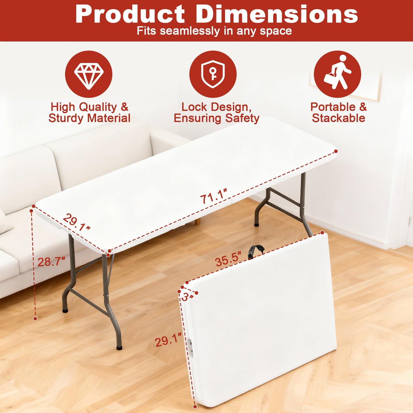 Elevon 6FT Folding Tables – Heavy Duty Portable Foldable Table with Built-in Handle, 300 lb Capacity – Ideal for Events, Parties, Crafts, Camping & Dining (10-Pack)