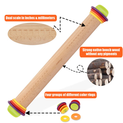 Mepple Rolling Pin with Thickness Rings for Baking,Fondant, Pizza, Pie Crust, Cookie, Pastry, Roller Rod for Dough Thickness, 13.6" Adjustable Wooden Rolling Pin with 4 Thickness Rings