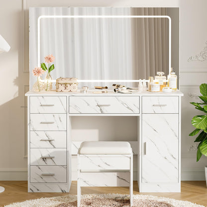 IDEALHOUSE Modern Vanity Desk with Large LED Mirror – 7 Drawers, Power Outlets, USB Ports, Hair Dryer Holder, 3-Mode Lighting, Stool, Cabinet – Marble White