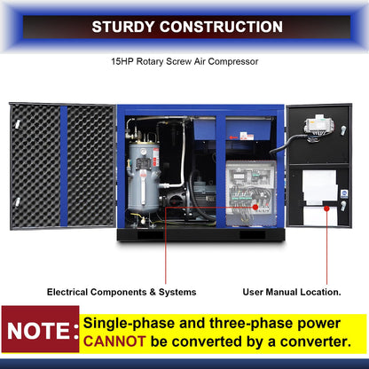 15HP Rotary Screw Air Compressor, 56 CFM, 125PSI, 230V 3PHASE 60HZ, Fixed Speed Compressor, Industrial-Grade, Heavy Duty Air Compressed System
