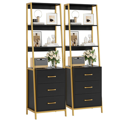 HITHOS 4-Tier Bookshelf, Tall Bookcase with 3 Wooden Drawers, Modern Ladder Book Shlef Storage Organizer for Living Room, Entryway, Office, Black Gold, 2 PCS