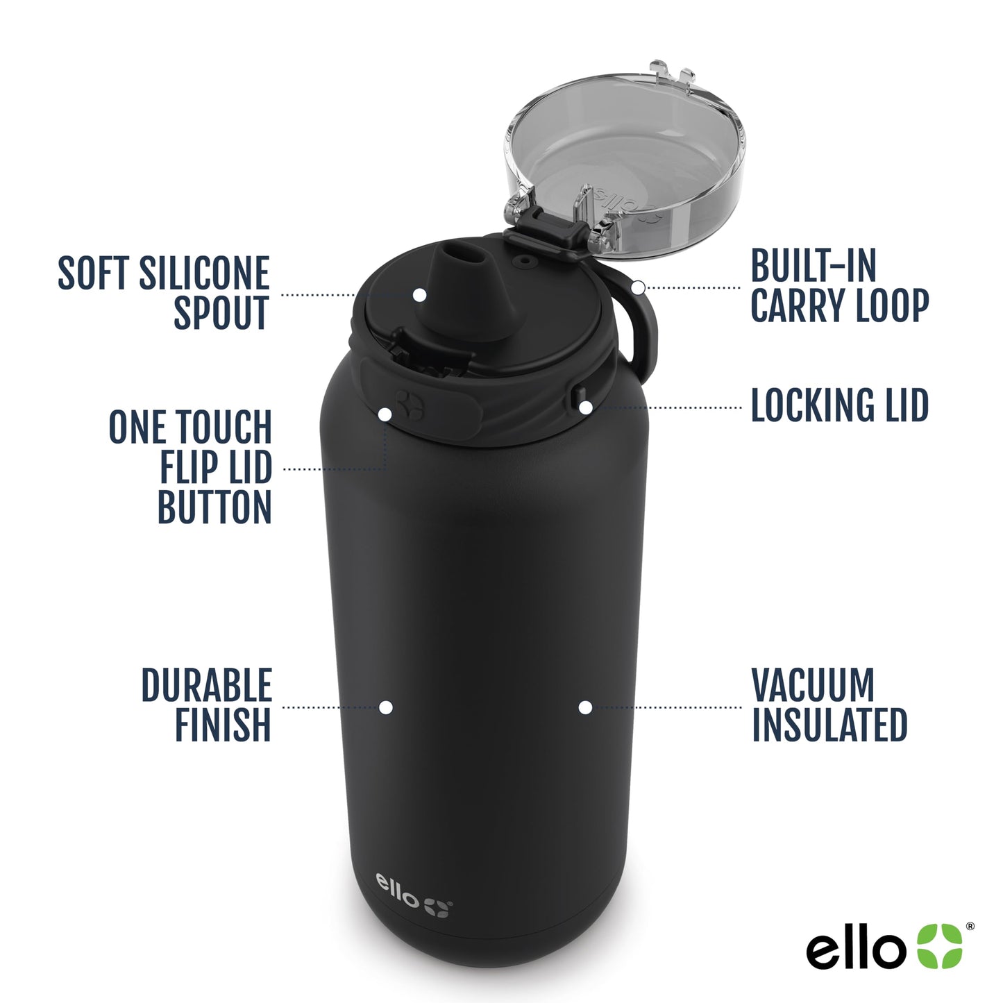 Ello Cooper 22oz Stainless Steel Water Bottle with Straw and Carry Handle, Double Walled and Vacuum Insulated Metal, Leak Proof Locking Lid with Soft Silicone Spout, Reusable, BPA Free, Black