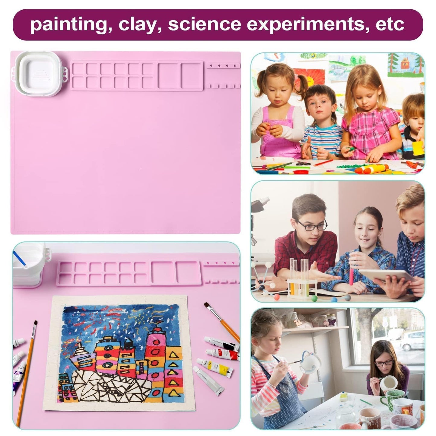 AWOKE Silicone Painting Mat | 20"x16" No-Spill Art Matt for Resin DIY, Beading, with Magnetic Water Cup, 12 Paint Wells & Palettes | Washable Table Protector for Toddlers & Kids Gift (Pink)