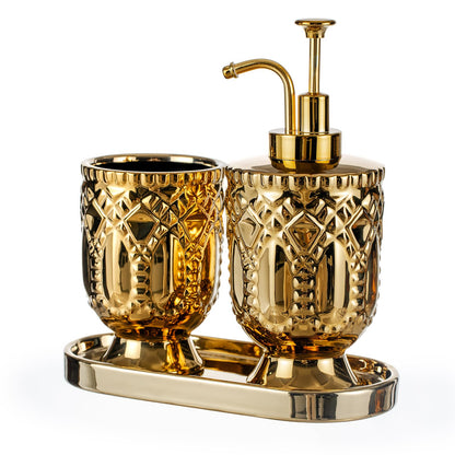 Gold Bathroom Accessories, 3pcs Ceramic Bathroom Set with Toothbrush Holder,Soap Dispenser, Bathroom Tray, Complete Bathroom Decor and Acessories Set