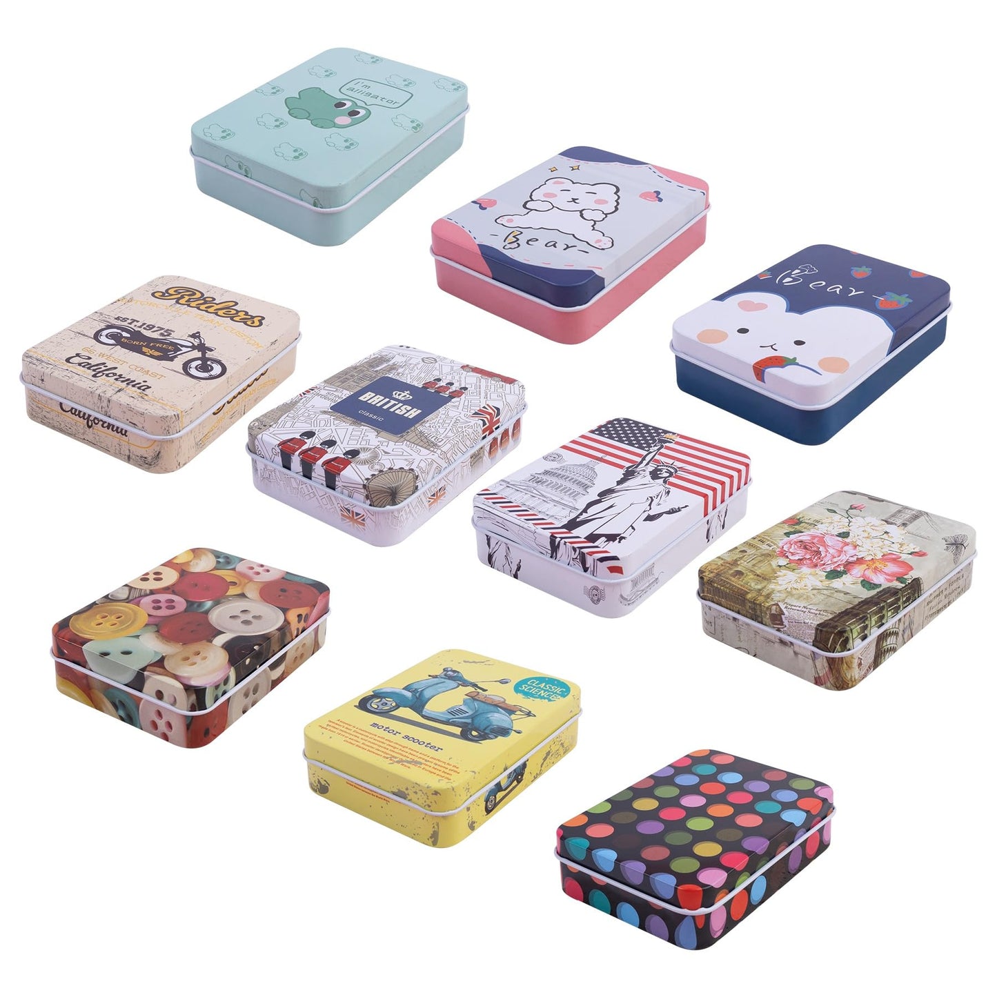 Framendino, 10 Pack Metal Tin Empty Trinket Jewelry Coin Boxes with Lid 10 Styles