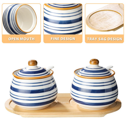 Sailench Sugar Bowl Set of 2,Ceramic Sugar Bowl with Lids and Spoon & Wooden Tray,Sugar Jars for Coffee Bars and Home Kitchens(2, Large)