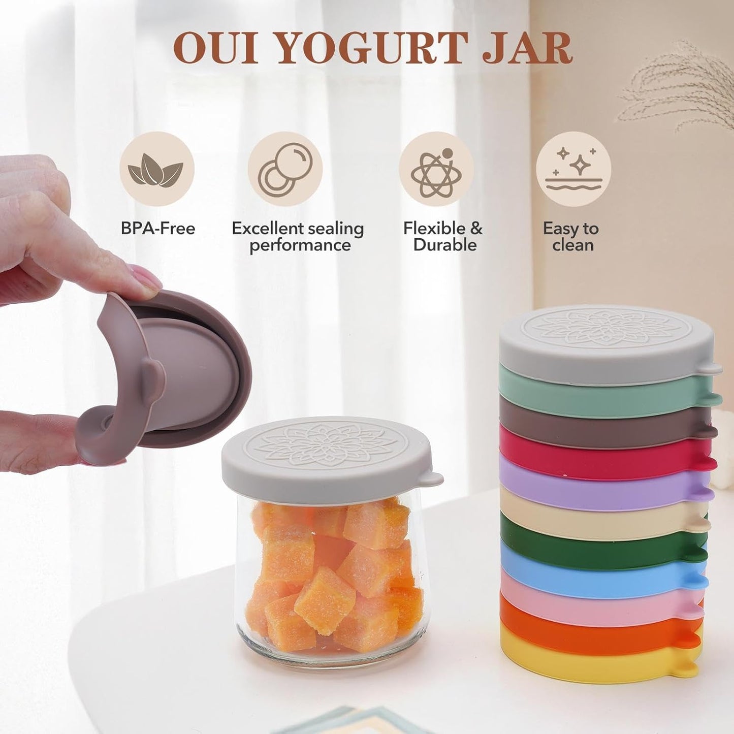 12 pack 5 oz oui yogurt jar lids - Silicone oui lids for Oui Yogurt Glass Jars,with Oui Yogurt Bottle Label, Leakproof