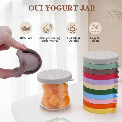 12 pack 5 oz oui yogurt jar lids - Silicone oui lids for Oui Yogurt Glass Jars,with Oui Yogurt Bottle Label, Leakproof