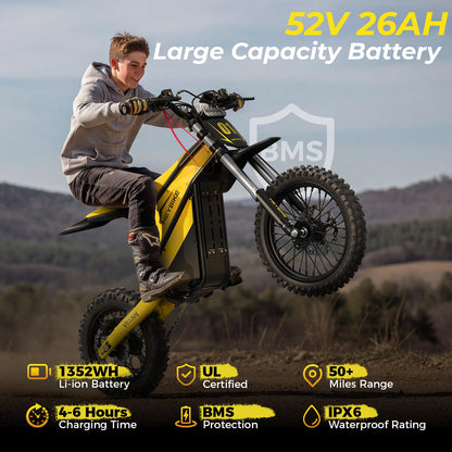 Heybike Villain Electric Dirt Bike, 4160W E Dirt Bike with 52V 26AH Battery, 14"/12" Fat Tire Electric Motorcycle for Teens, Max 45MPH Ebike with Reversing Function(with Crossbody Bag; Yellow&Black)