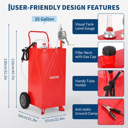 35 Gallon Fuel Gas Caddy Storage Tank, Portable Gas Caddy with Wheels, Manual Rotary Transfer Pump, Fuel Hose, Wide Fill Opening, Vent and Level Gauge, Mobile Gasoline Diesel Transfer Tank for ATV, Mower, Tractor, Car, Boat
