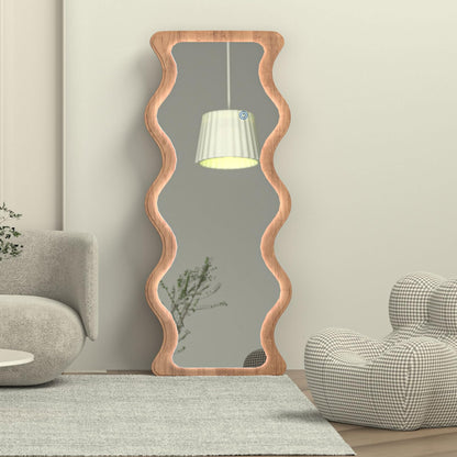 COOL2DAY 65" x 24" Led Wavy Full Length Mirror with Lights, Shatter-Proof Hanging/Leaning Irregular Wall Mirror, Wooden Led Floor Mirror for Dressing Bedroom Living Room