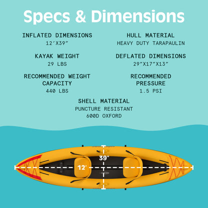 Retrospec Coaster Single & Tandem Inflatable Kayak for Adults - Blow Up Kayak, 220 & 440lb Capacity, Portable Lightweight Kayak with Paddle, Pump & Carry Bag
