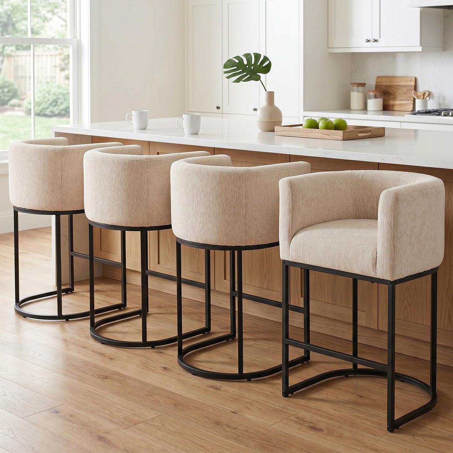 DUMOS Barrel Bar Stools Set of 4, Modern Counter Height Barstools with Linen Fabric Upholstered Seat, 350lbs Capacity Kitchen Island Chair, Bar Stools with Metal Sled Base and Footrest, Oatmeal
