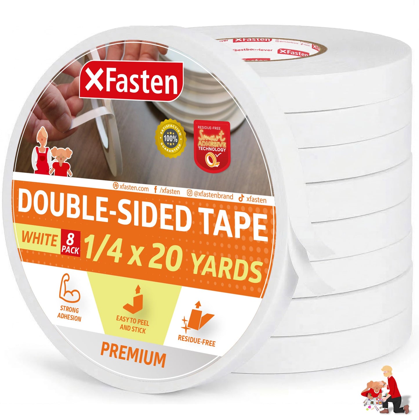 XFasten Double Sided Tape, Removable, 1/4-Inch by 20-Yards, Pack of 8 Ideal as a Gift Wrap Tape, Holding Carpets, and Woodworking