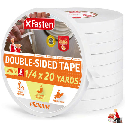XFasten Double Sided Tape, Removable, 1/4-Inch by 20-Yards, Pack of 8 Ideal as a Gift Wrap Tape, Holding Carpets, and Woodworking