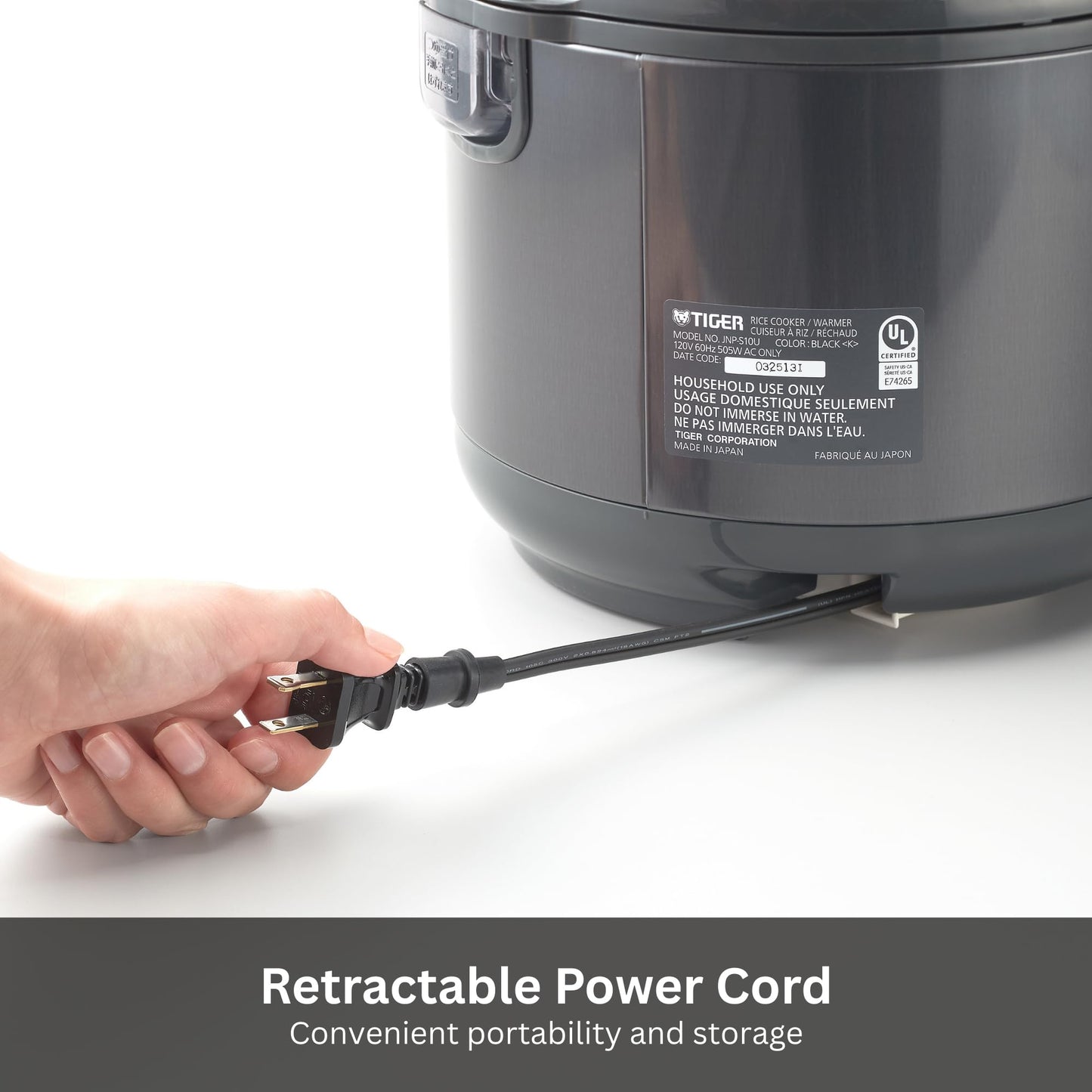 Tiger JNP-S18U-KY 10 Cup Capacity White Rice Cooker with Non-Stick Inner Pot, Retractable Power Cord, and Keep Warm up to 12 hours (Obsidian Black)
