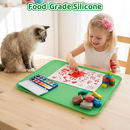 Extra Large Silicone Painting Mat for Crafts, 24”x 19” Waterproof Art Mat for Kids with Raised Sides, Crafts Mat for Paint, Clay Playdough, & Jewelry-Making, Green