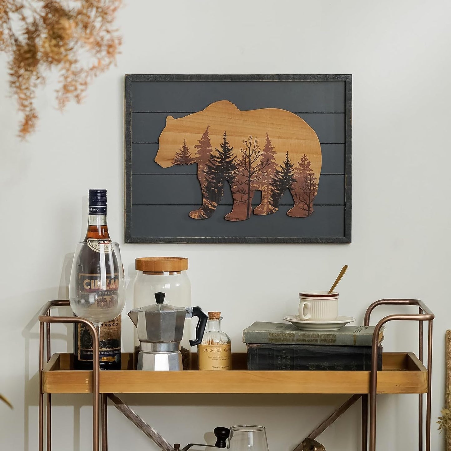 16" 12", NIKKY HOME Cute Bear in The Forest Woodland Decorative Wood Framed Wall Art Prints Cabin Decor, x Dark Slate