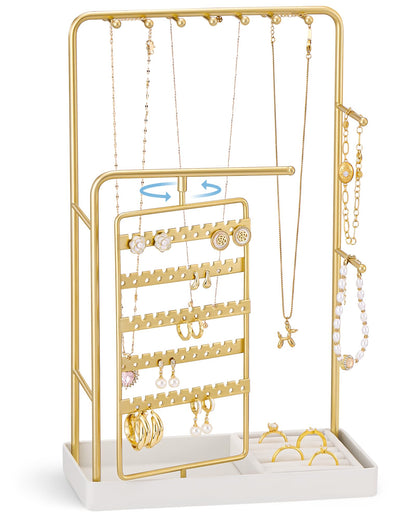 ProCase Jewelry Stand Holder Organizer, Jewelry Display Storage with Ring Tray, Rotating Earring Bracelet Necklace Holder, Valentine's Gifts Room Dorm Decor for Teen Girls -Gold (No-Assembly)