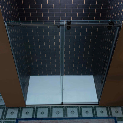 Woodbridge 56-60" W x 80" H Frameless Single Sliding Shower Door with Double Rollers,3/8(10mm) Tempered Glass with Explosion Proof Film in Matte Black Finish