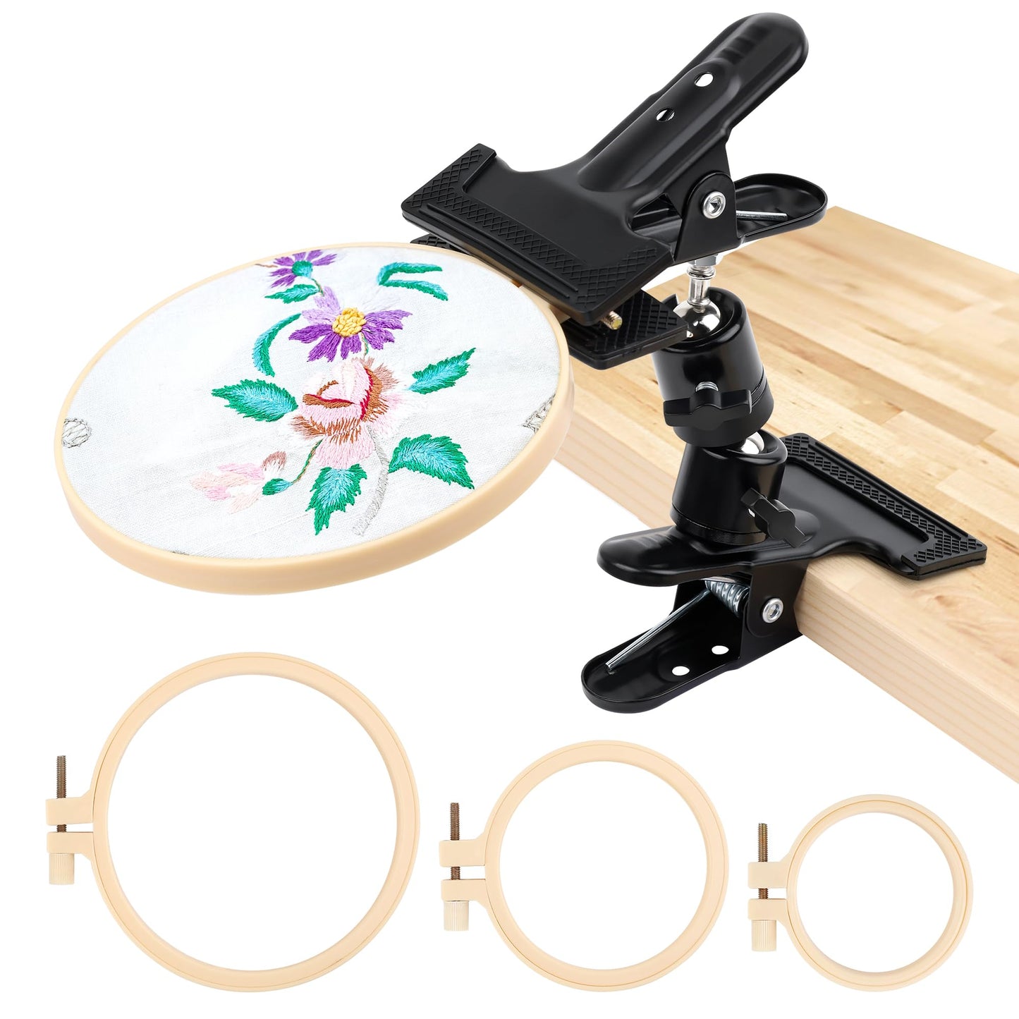 Coitak Portable Metal Embroidery Hoop Stand Holder with 3 Sizes Embroidery Hoop, Rotated Embroidery Stand Table Clip for Embroidery Needlework Hoops