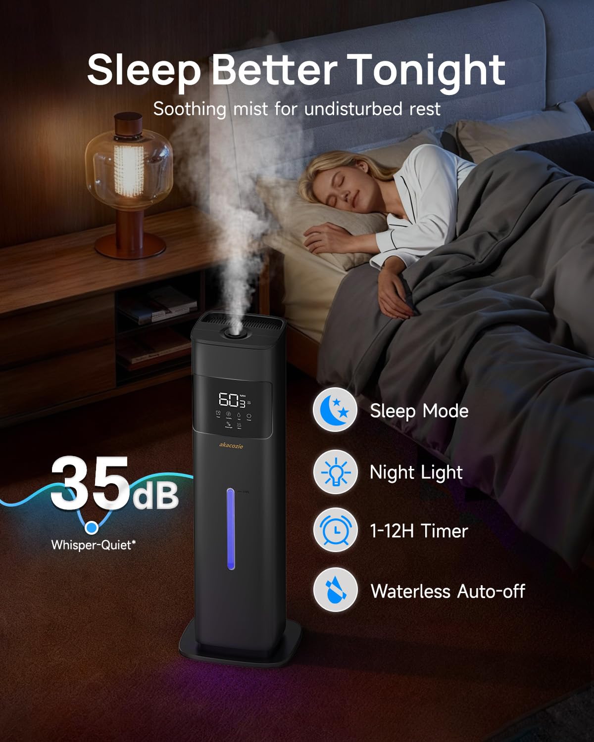 Akacozie Humidifiers for Bedroom, Humidifier Large Room, Black