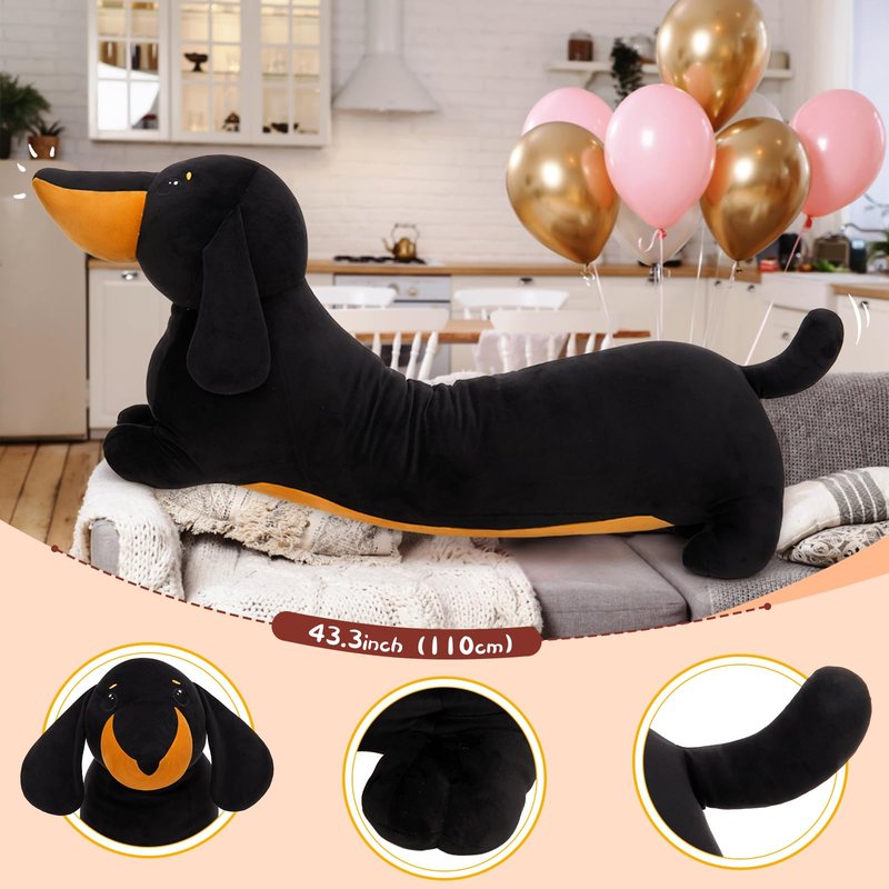 MorisMos Dachshund Stuffed Animal Plush 4ft, 43'' Long Weiner Dog Body Pillow for Kids Adults, Lifelike Weiner Dog Toy Designed in NYC, Realistic Black Dachshund Gift for Girl Boy Toddler Women