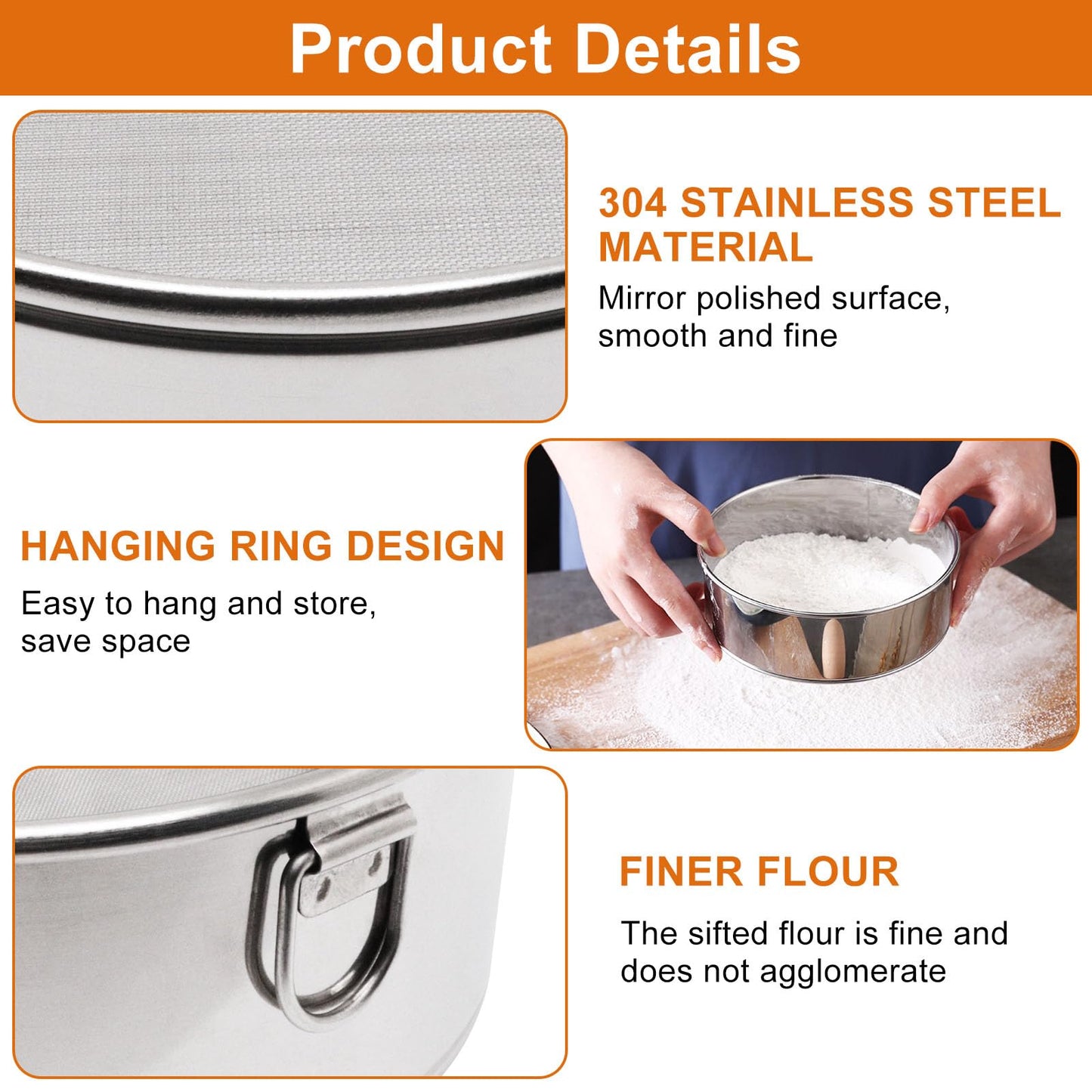 SWZHAI Flour Sifter for Baking 2 Pack, Round Flour Sifter Stainless Steel 6 Inch 60 Mesh and 8 Inch 40 Mesh Sieve Fine Meshs Flours Sieve Set for Baking Cake Bread Pastries