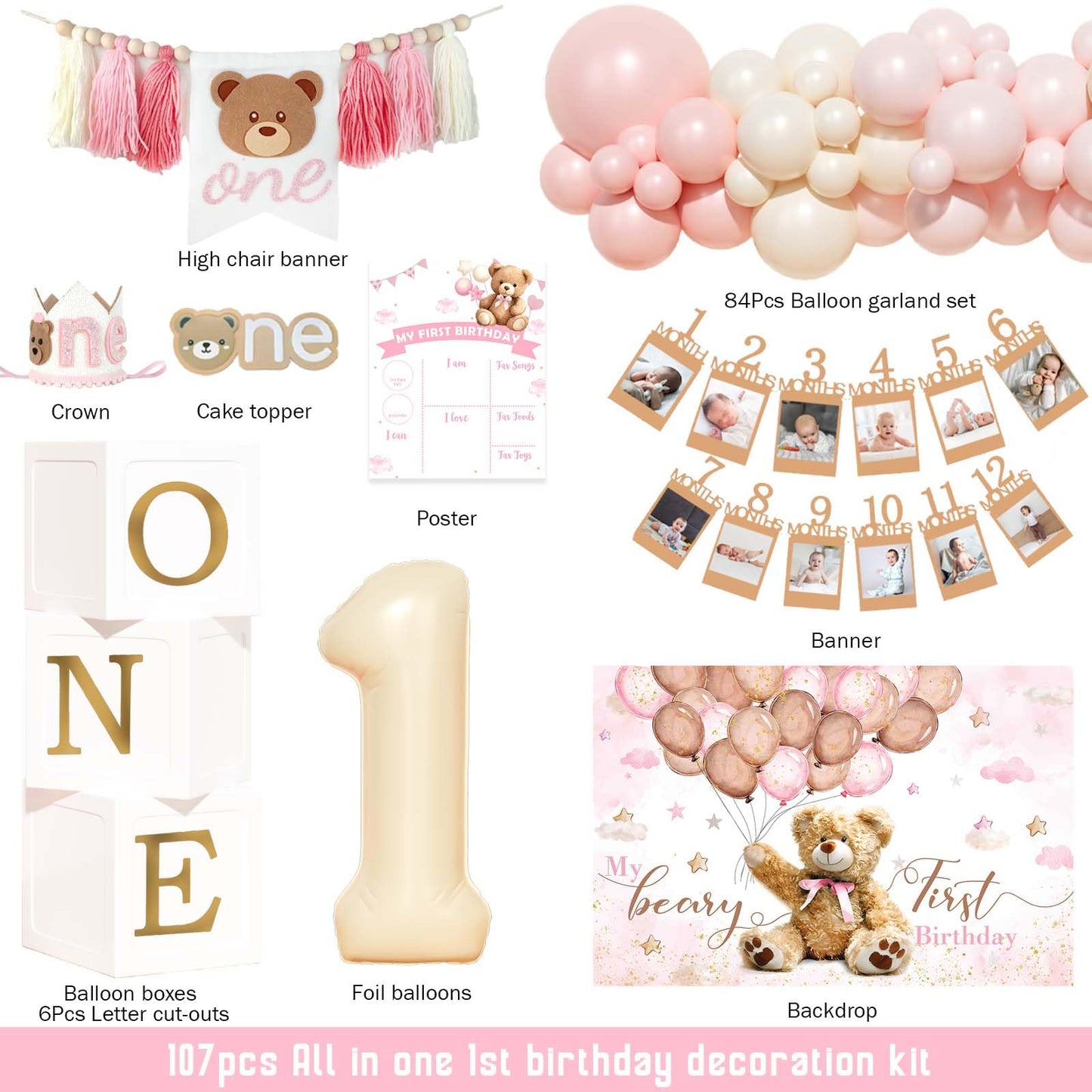 Hombae Beary First Birthday Decorations for Girl, Teddy Bear 1st Birthday Party Supplies, Pink Ivory Balloon Garland, Girl Baby Photo Banner, Bear Birthday Themed Decor Party Pack