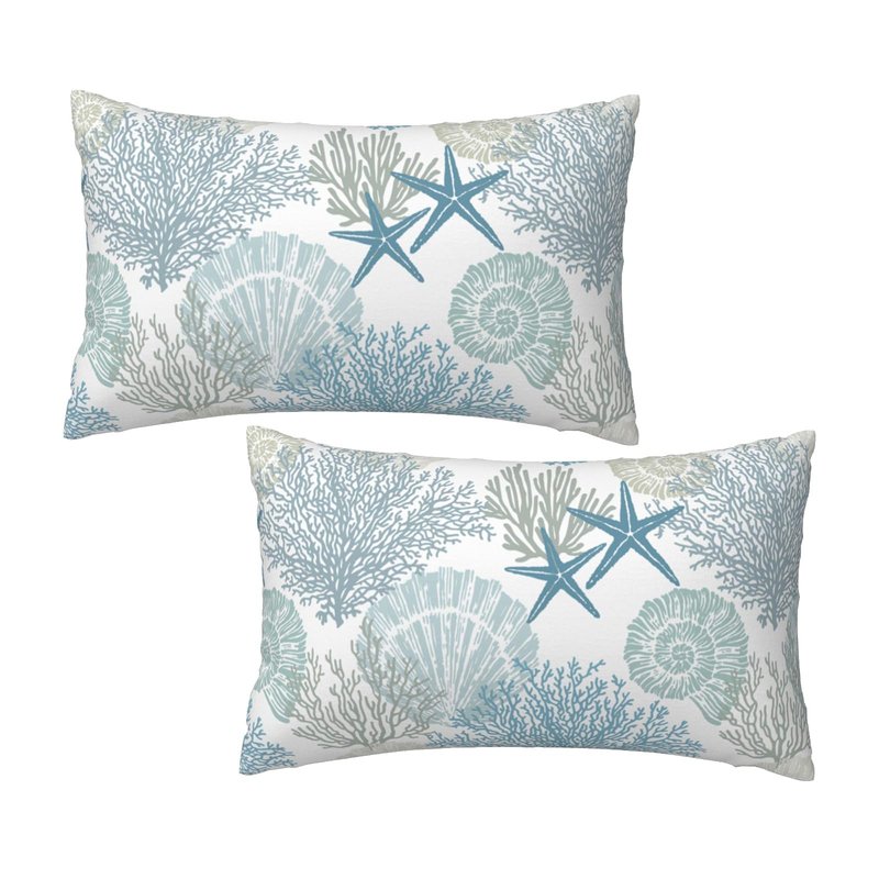 Tebjh Nautical Coastal Throw Pillow Covers 12x20 Set of 2, Beach Themed Ocean Seashell Coral Starfish Couch Lumbar Pillow Cover Outdoor Sofa Cushion Cover for Bedroom Living Room