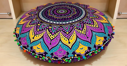 22 Inches Round Mandala Floor Pillow Cover Seating Cushion Throw Cover Ottoman Pouf Cover Pom Pom Pillow Cases Hippie