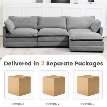 ROWHY 112'' Modular Sectional Cloud Couch with Movable Ottoman, 4 Seat Modern Corduroy Sofa with 2 Throw Pillows, Comfy Deep Seat L Shaped Couches for Living Room Bedroom Apartment, Dark Grey