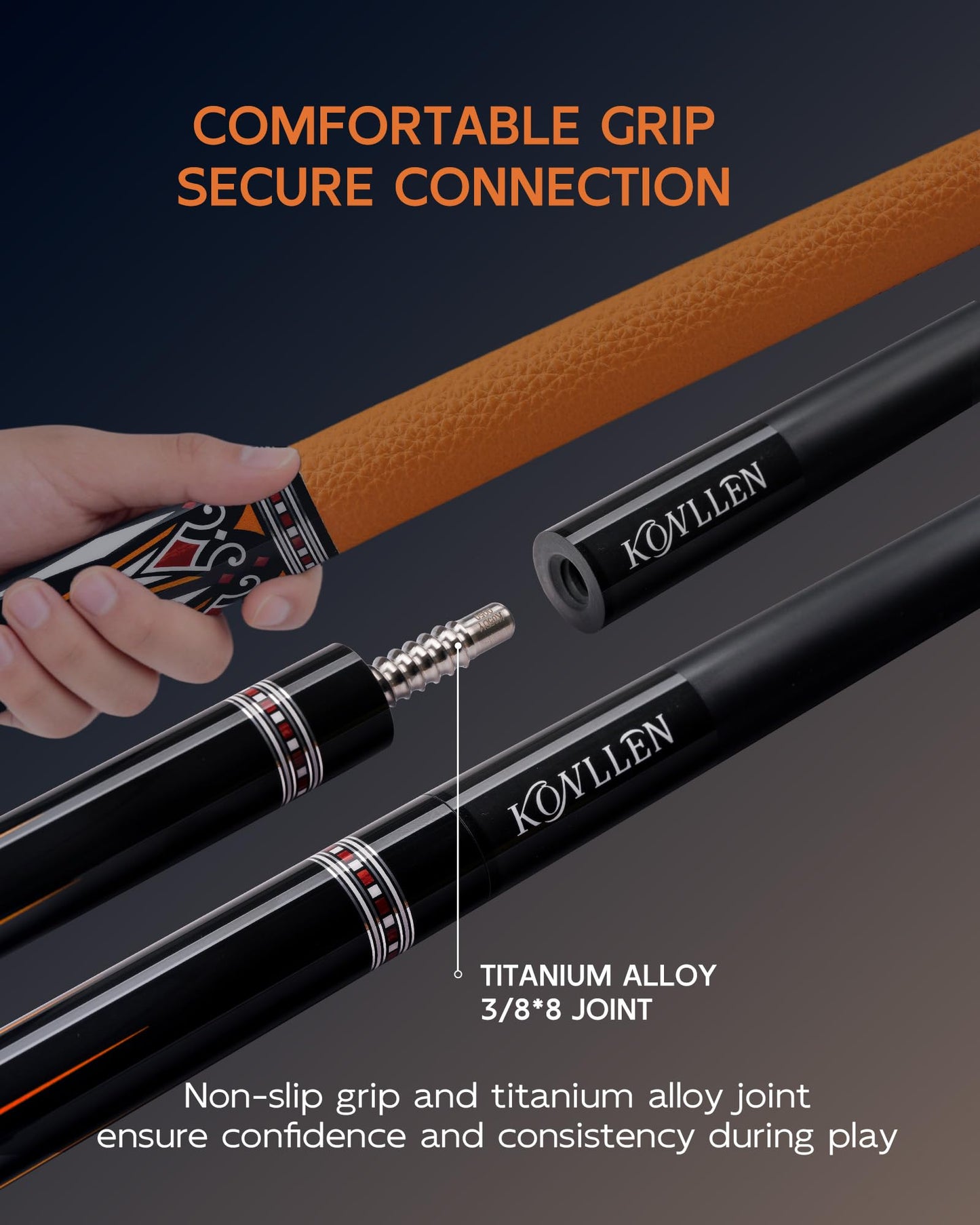KONLLEN Carbon Fiber Pool Cue 2.0, 58-inch Low Deflection Billiard Stick for Adults with 12.5mm Tip and Pro Taper