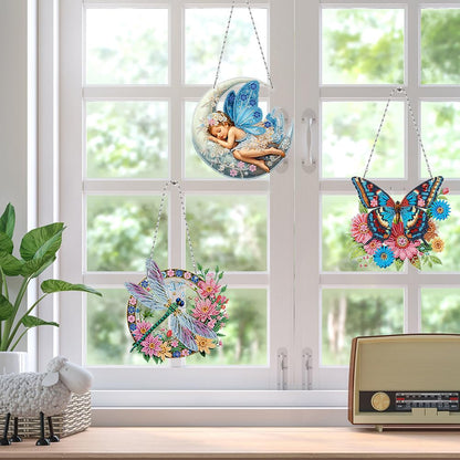 C'eitura 3Pcs 5D DIY Acrylic Fairy Dragonfly Butterfly Diamond Art Painting Hanging Pendants,Double-Sided Rhinestone Crystal Craft for Garden, Window, and Home Decor