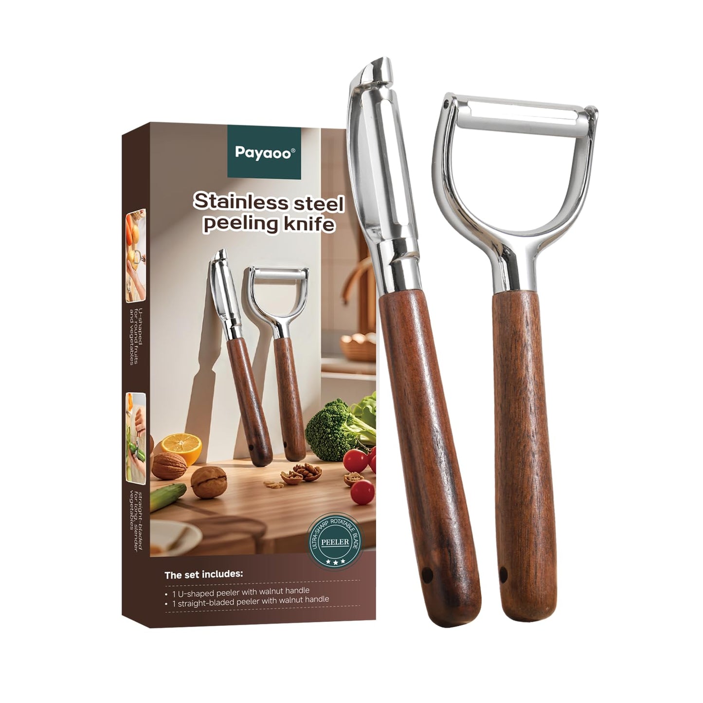Vegetable Peeler Set, 2-Pack Potato Peelers (Straight + Y Peeler), Swivel Blades, Sharp Stainless Steel, Walnut Wood Handle, Fruit & Veggie Peeler for Kitchen