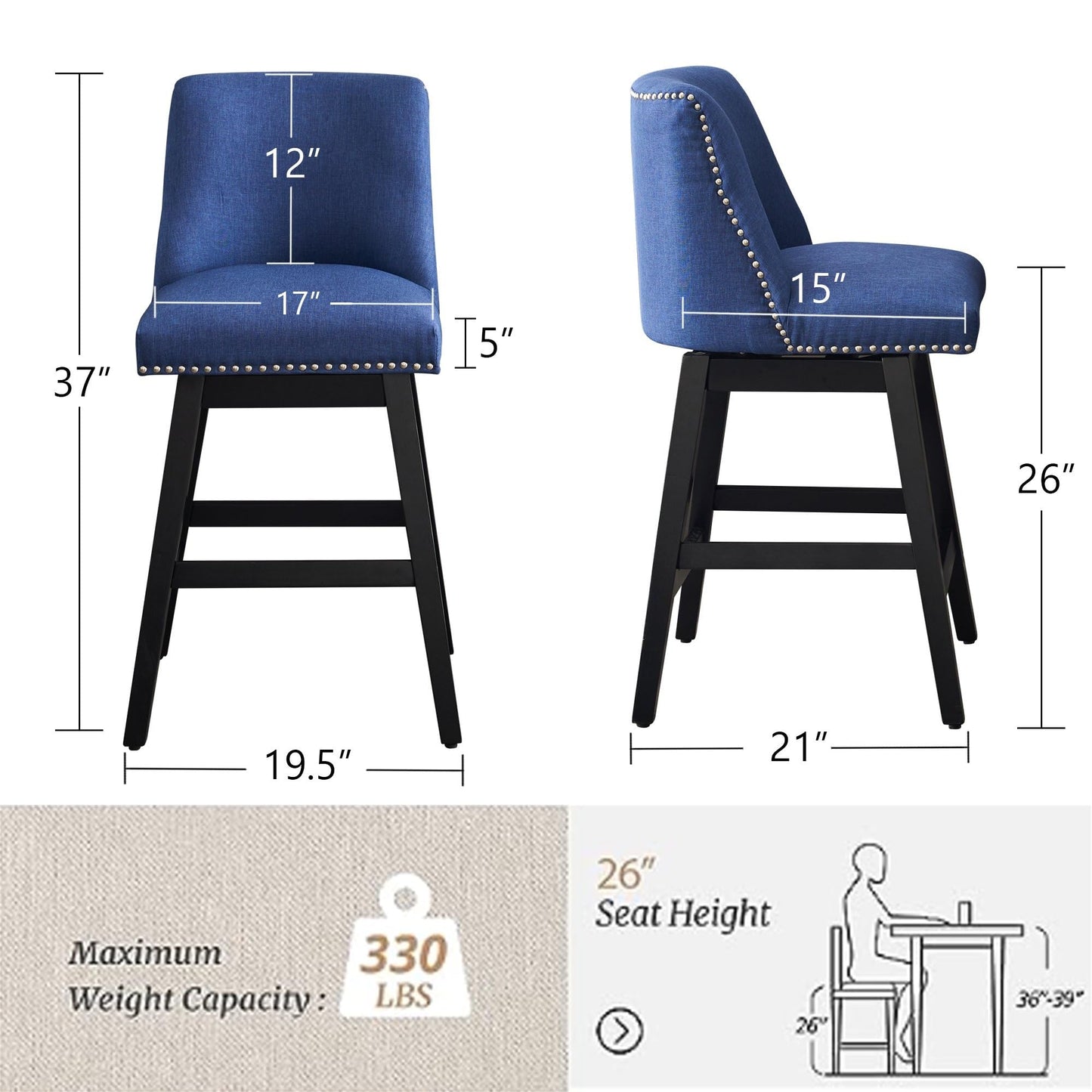 Upholstered Swivel Bar Stools Set of 2, 26" Counter Height Modern Chairs with Ergonomic Design, Wood Frame & Adjustable Foot Pad for Kitchen Island, Home Bar, Dining Room, Dark Blue