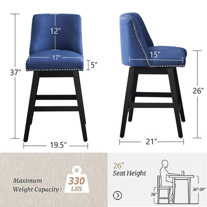 Upholstered Swivel Bar Stools Set of 2, 26" Counter Height Modern Chairs with Ergonomic Design, Wood Frame & Adjustable Foot Pad for Kitchen Island, Home Bar, Dining Room, Dark Blue