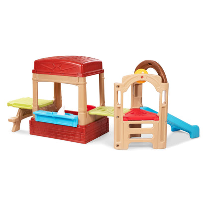 Simplay3 Sunny Slide and Climb Picnic Playhouse - Indoor or Outdoor Backyard Playset for Kids with Kitchen, Picnic Table, Toddler Slide, Working Door, Kids Ages 18 Months to 6 Years