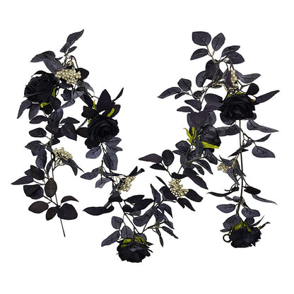 BFYDOAA 180cm Artificial Black Rose Vine Halloween Hanging Rose Flower Garland with Berries for Table Centerpiece,Fireplace Door Frame Backdrop Decor