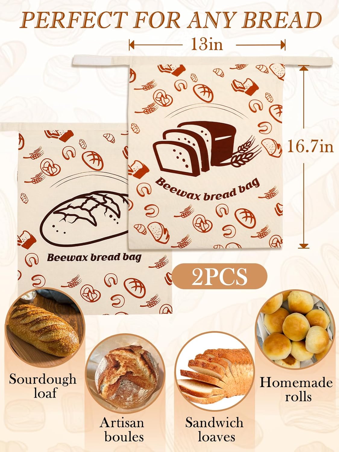 2 13''x16.7'' 2 ANPHSIN pcs Natural Beeswax Bread Bags with Sealing Zipper - Reusable Sourdough Storage Wraps