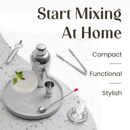 Modern Mixology Cocktail Shaker Set - Bartender Kit with Pine Stand | Leak-Proof Design | Includes Martini Shaker, Jigger, Strainer, Spoon, Tongs | Perfect Bar Tools Gift for Home Mixology (Silver)