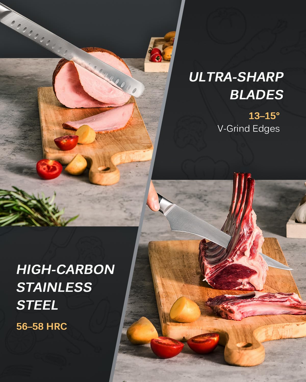 KYOKU 2pc Kitchen Knife Set, Samurai Series 6.5" Boning Knife & 12" Slicing Knife Set, High Carbon Steel Japanese Style Knives with Pakkawood Handle Sheath for Meat Fruit Vegetable Dicing Carving