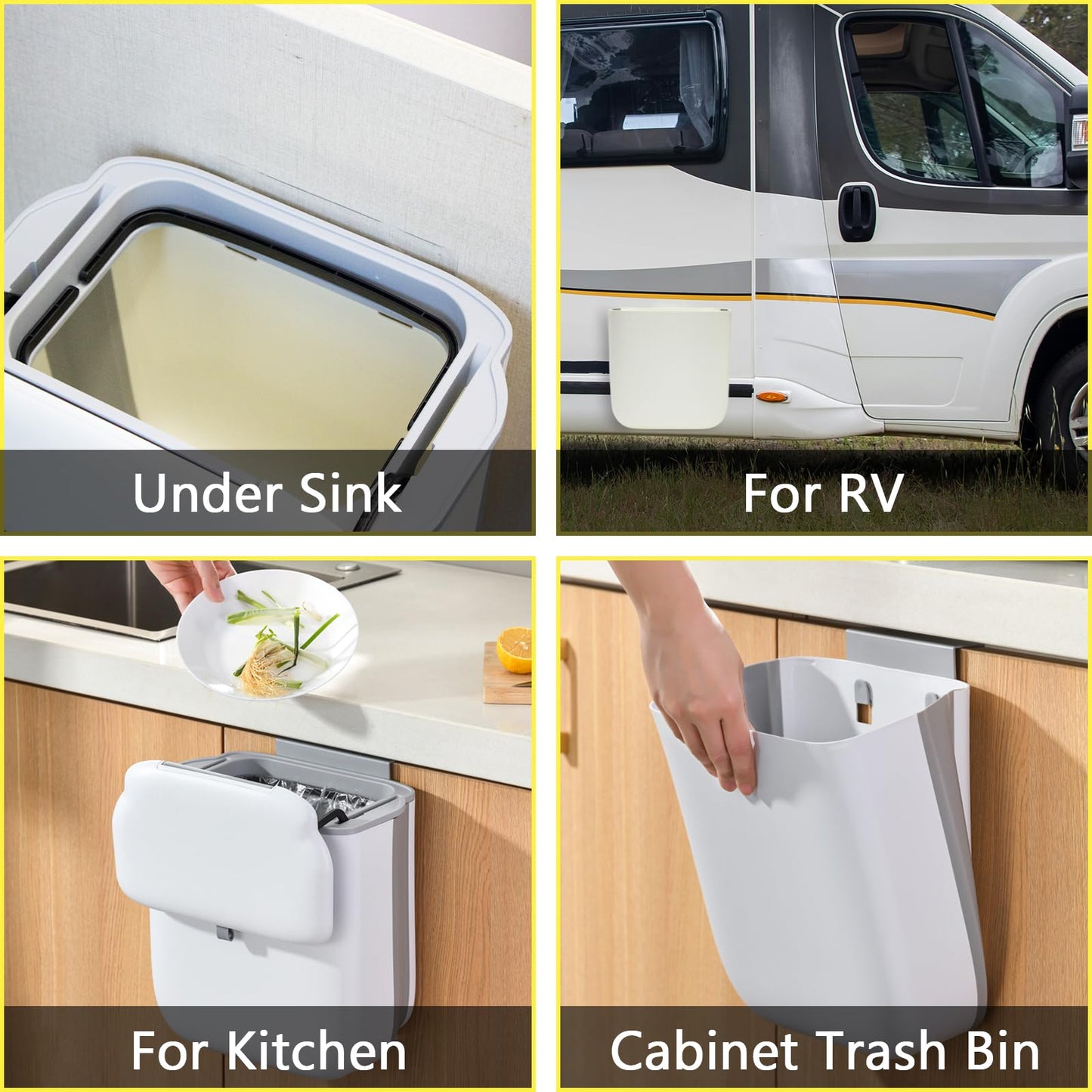 Soddeph 3.2 Gallon Foldable Hanging Trash Can with Lid for Cabinet Door,Kitchen Compost Bin,Wall-Mounted Plastic Garbage Can for Countertop or Under Sink, Bathroom and RV (White with lid)