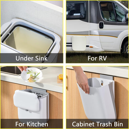 Soddeph 3.2 Gallon Foldable Hanging Trash Can with Lid for Cabinet Door,Kitchen Compost Bin,Wall-Mounted Plastic Garbage Can for Countertop or Under Sink, Bathroom and RV (White with lid)