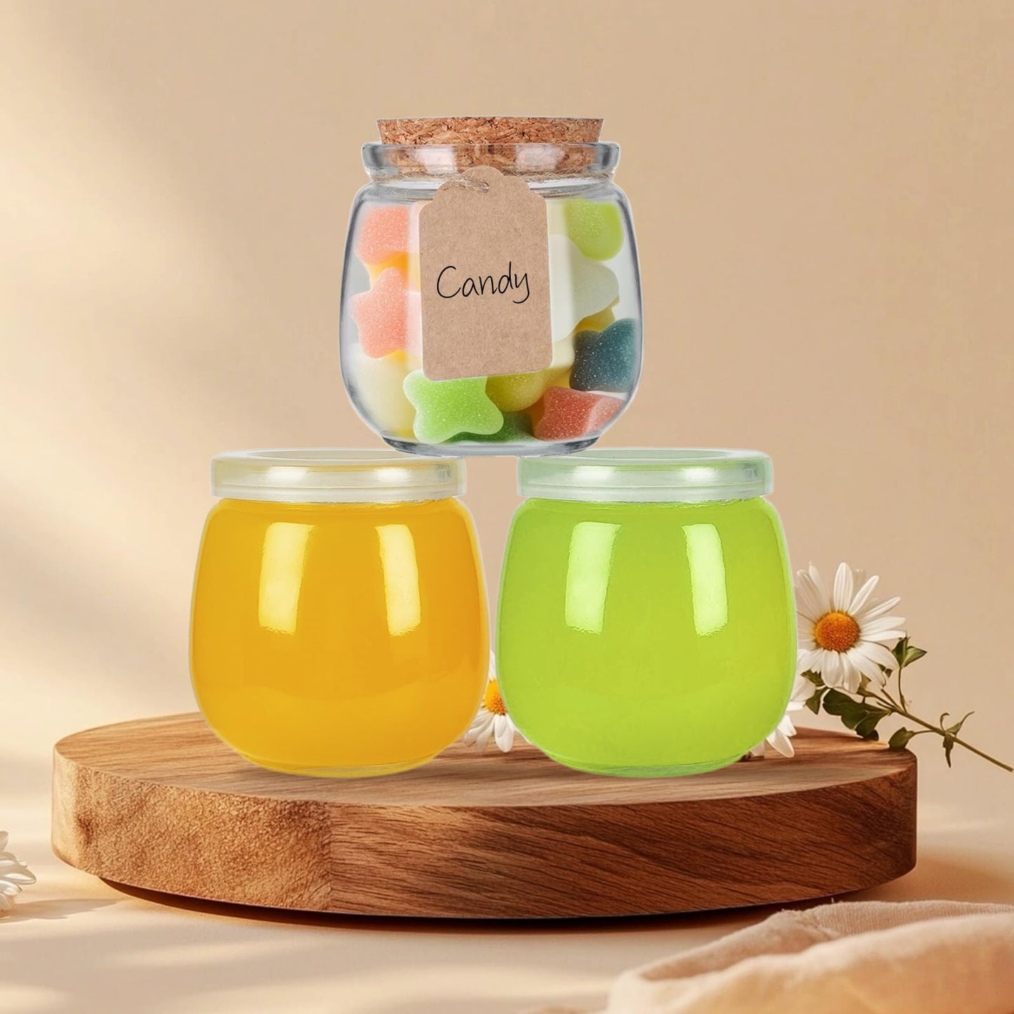 NEWMIAO 20 Pack 7 oz Glass Yogurt Jars with Cork Lids and PE Lids, Glass Pudding Jars Candles Jars, Small Containers for Wedding Favors, Milk, Jam, Honey, Cake, Spices and DIY Gift